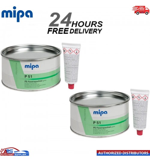 2x MIPA P51 FIBRE GLASS FILLER GREEN PUTTY WITH HARDENER 1.8KG